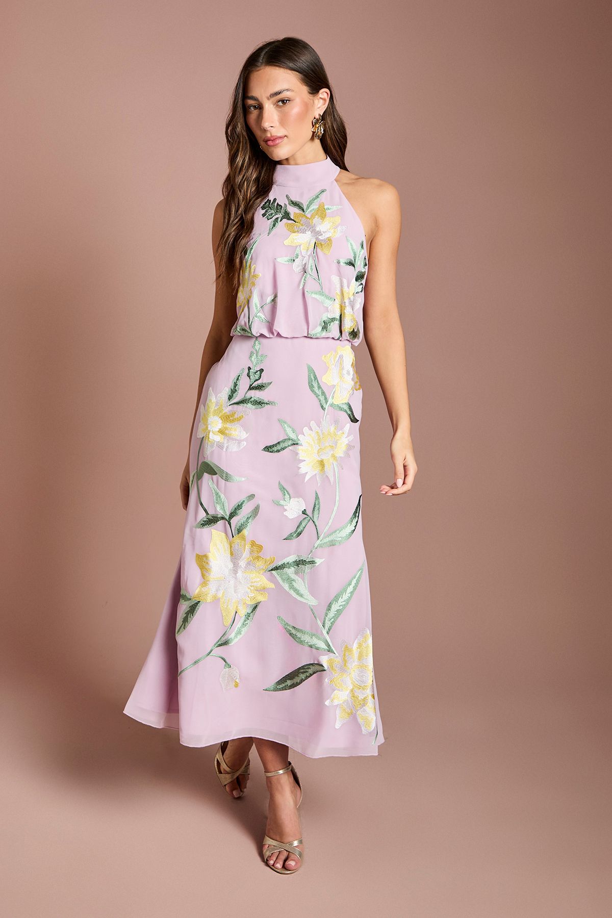 Coast High Neck Midi Dress With Floral Embroidery Lilac