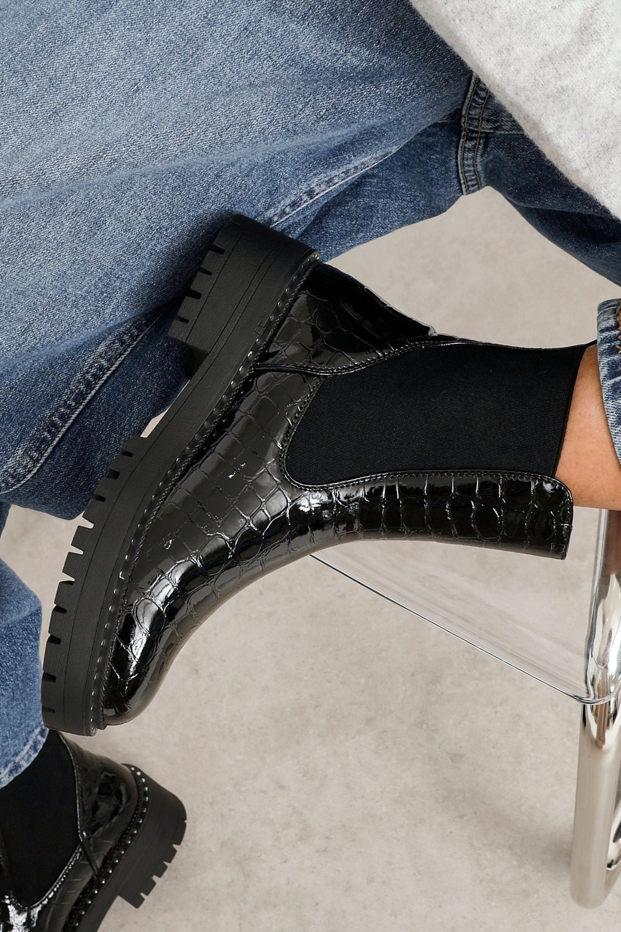 Linzi Landon Black Faux Croc Patent Leather Chunky Ankle Boot image 2