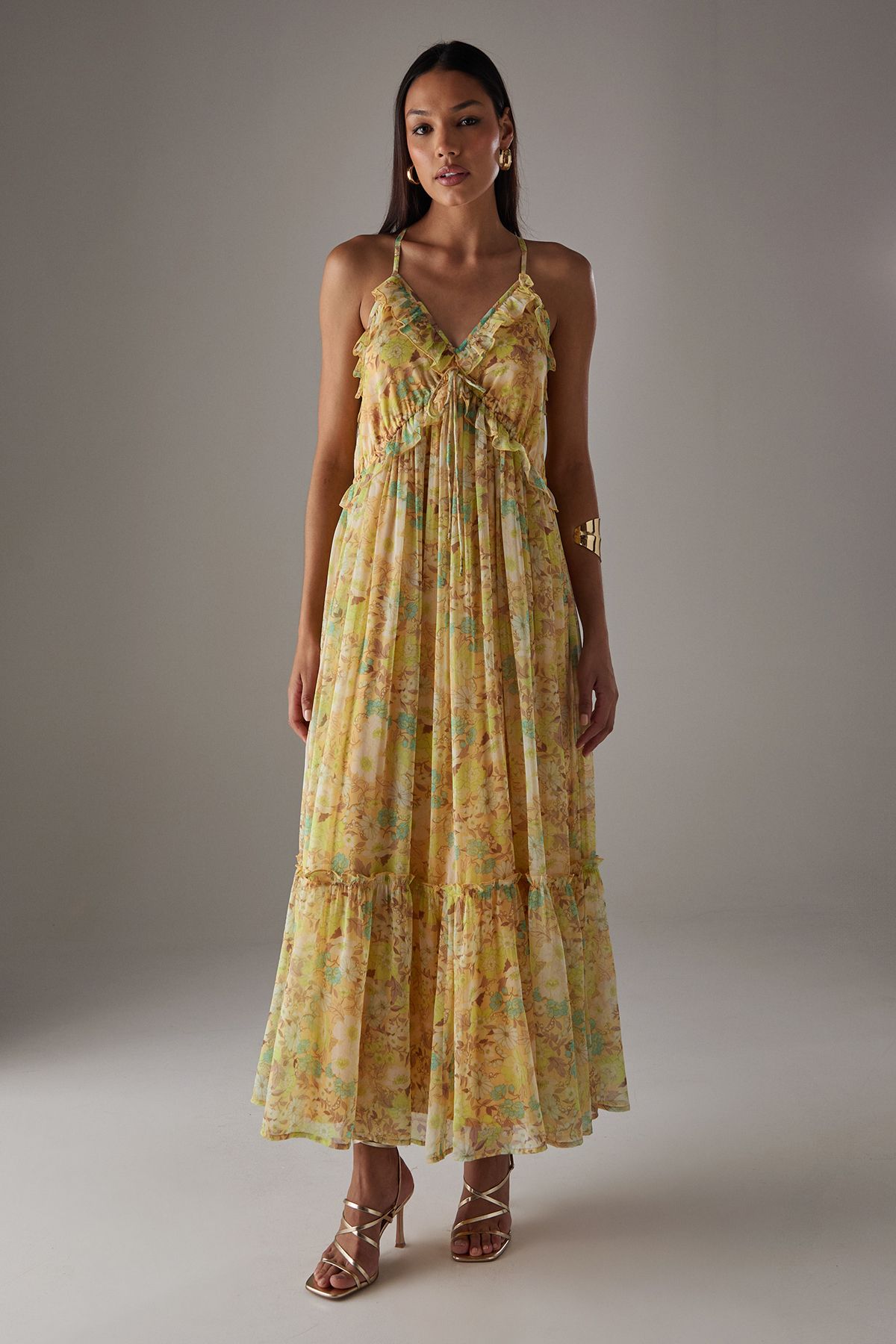 Warehouse Chiffon Ruffle Strappy Floaty Maxi Dress Floral image 2