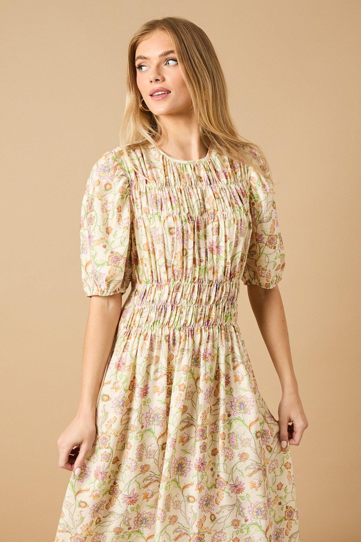 Oasis Printed Shirred Bodice Puff Sleeve Midi Dress Multi image 2