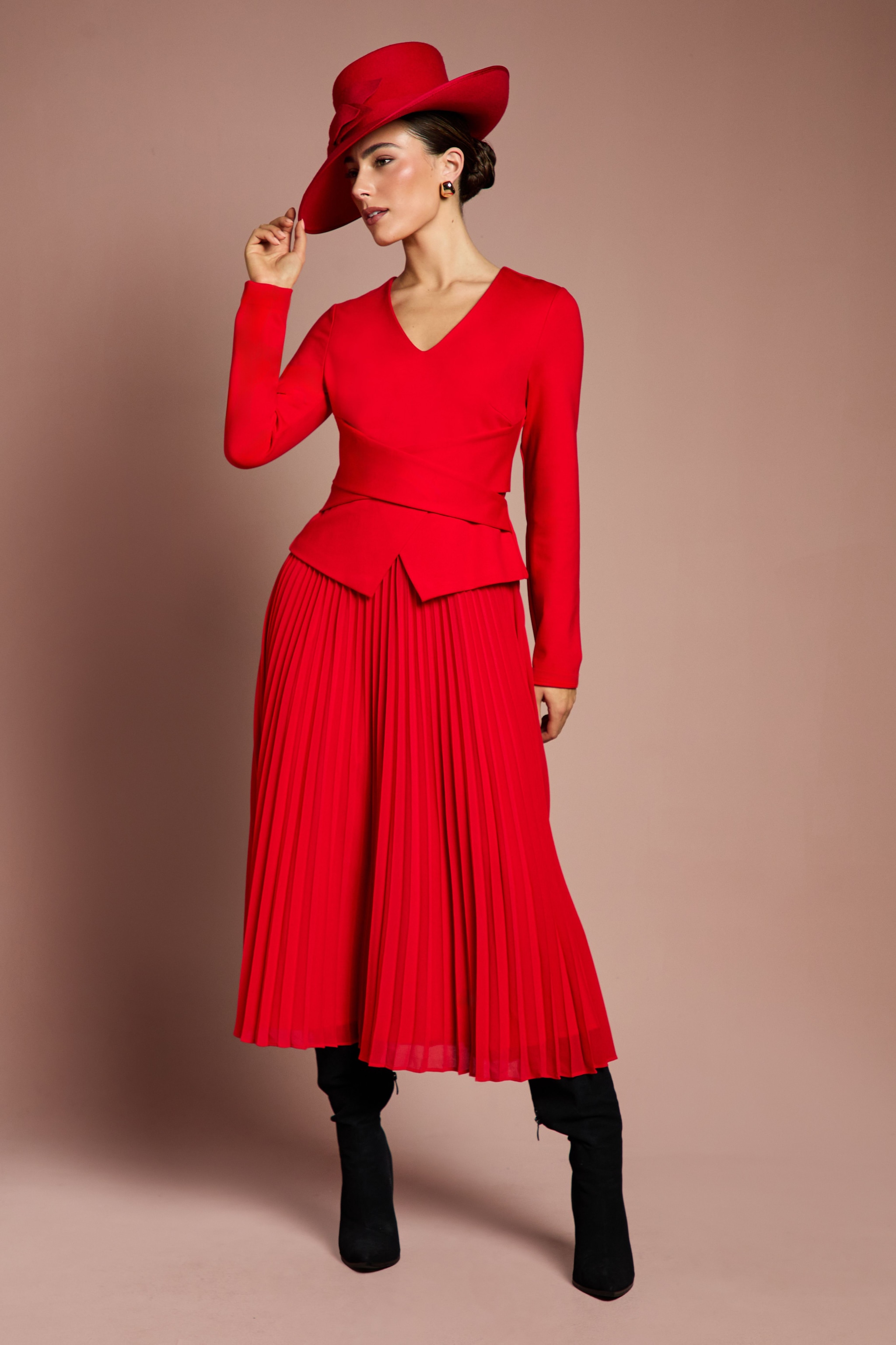 Coast Lisa Tan Long Sleeve Ponte Bodice With Pleated Skirt Midi Dress Red