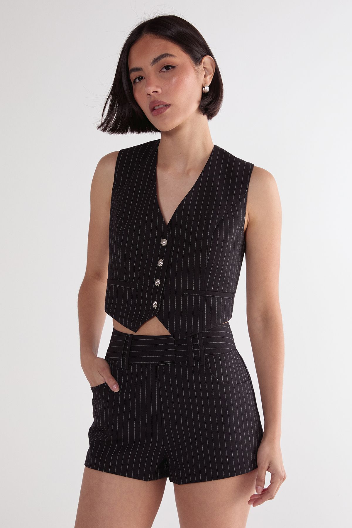 NastyGal Pinstripe Belted Shorts Co-ord Black