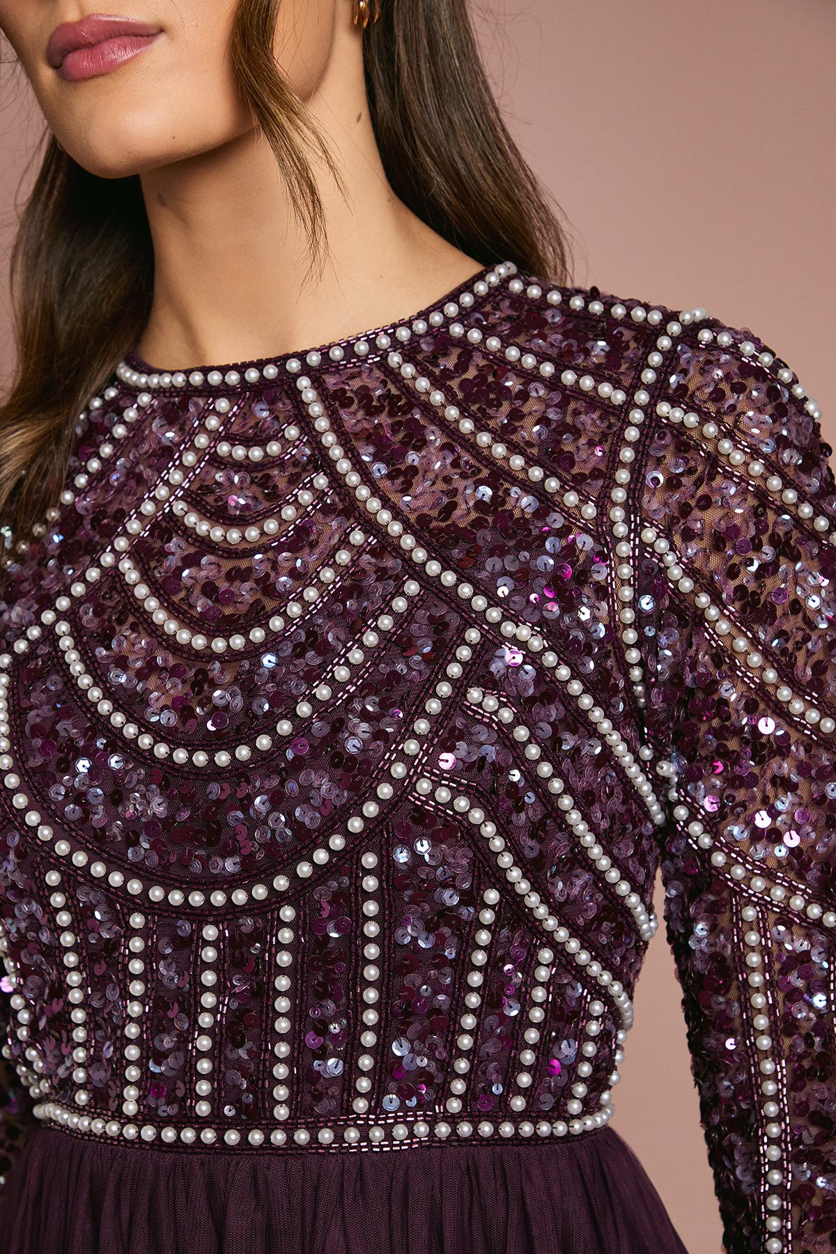 Coast Coast Honoured Long Sleeve Sequin Bodice Tulle Skirt Maxi Bridesmaid Dress Fig image 5