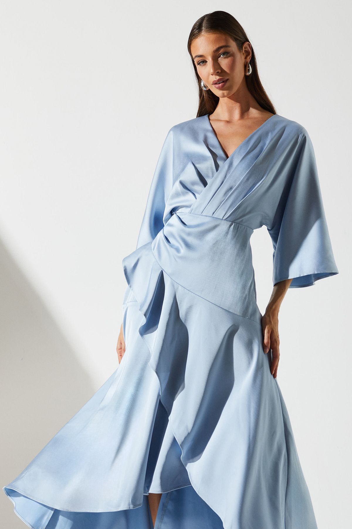 Coast Satin Back Crepe Ruffle Wrap Midi Dress Dusty Blue image 2