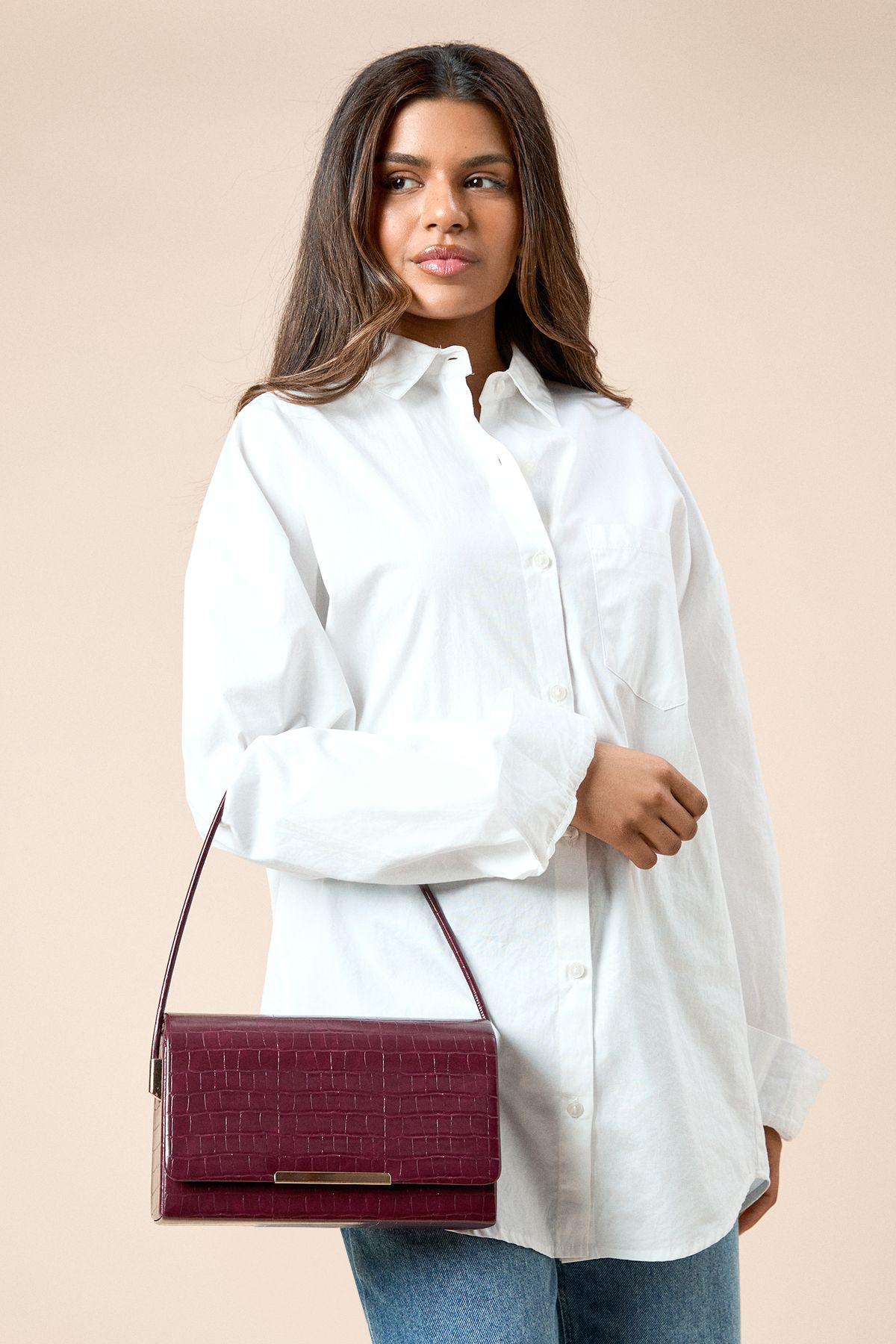 Dorothy Perkins Croc Print Structured Shoulder Bag Oxblood image 1