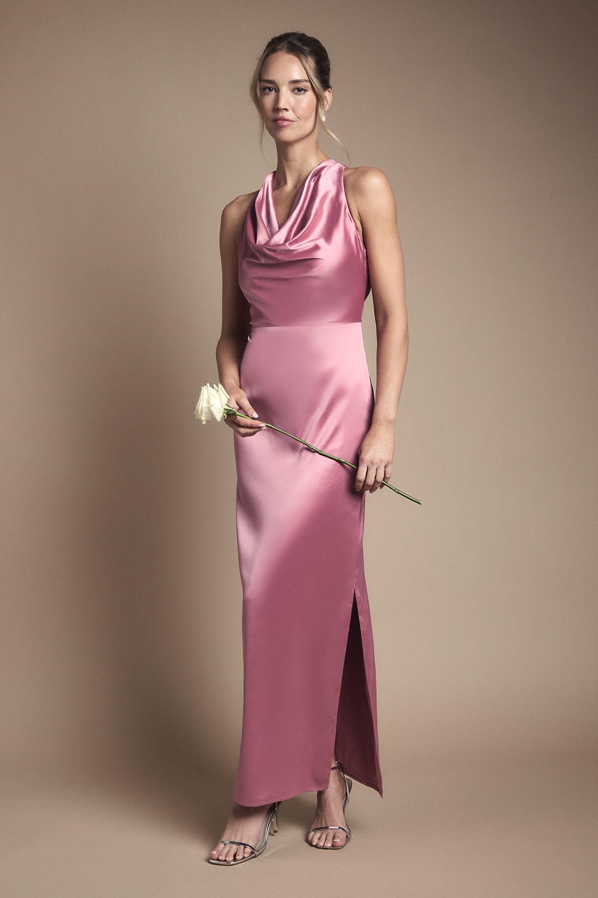 Oasis Satin Cowl Neck Maxi Bridesmaid Dress Dusty Rose