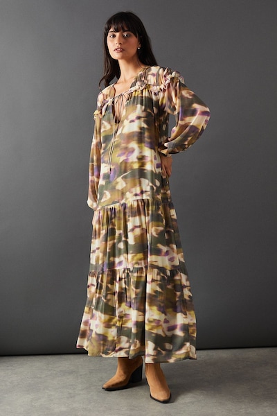 Warehouse Georgette Tie Neck Tier Hem Midaxi Dress Multi