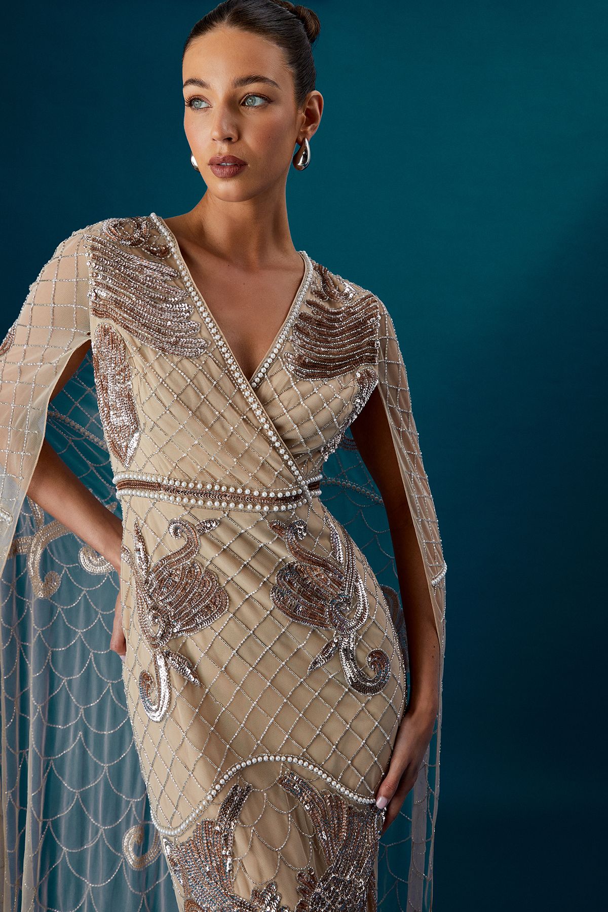 Coast Coast Muse Heavily Embellished Maxi Dress With Cape Sleeves Stone image 2