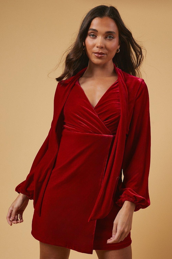 Oasis Petite Occasion Velvet Tie Neck Mini Dress Red