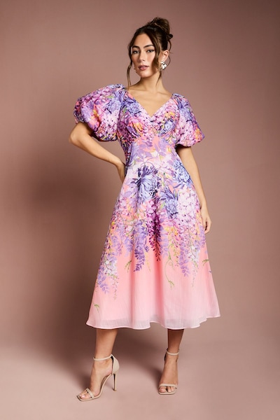 Coast Floral Print Organza Puff Sleeve Midi Dress Pink