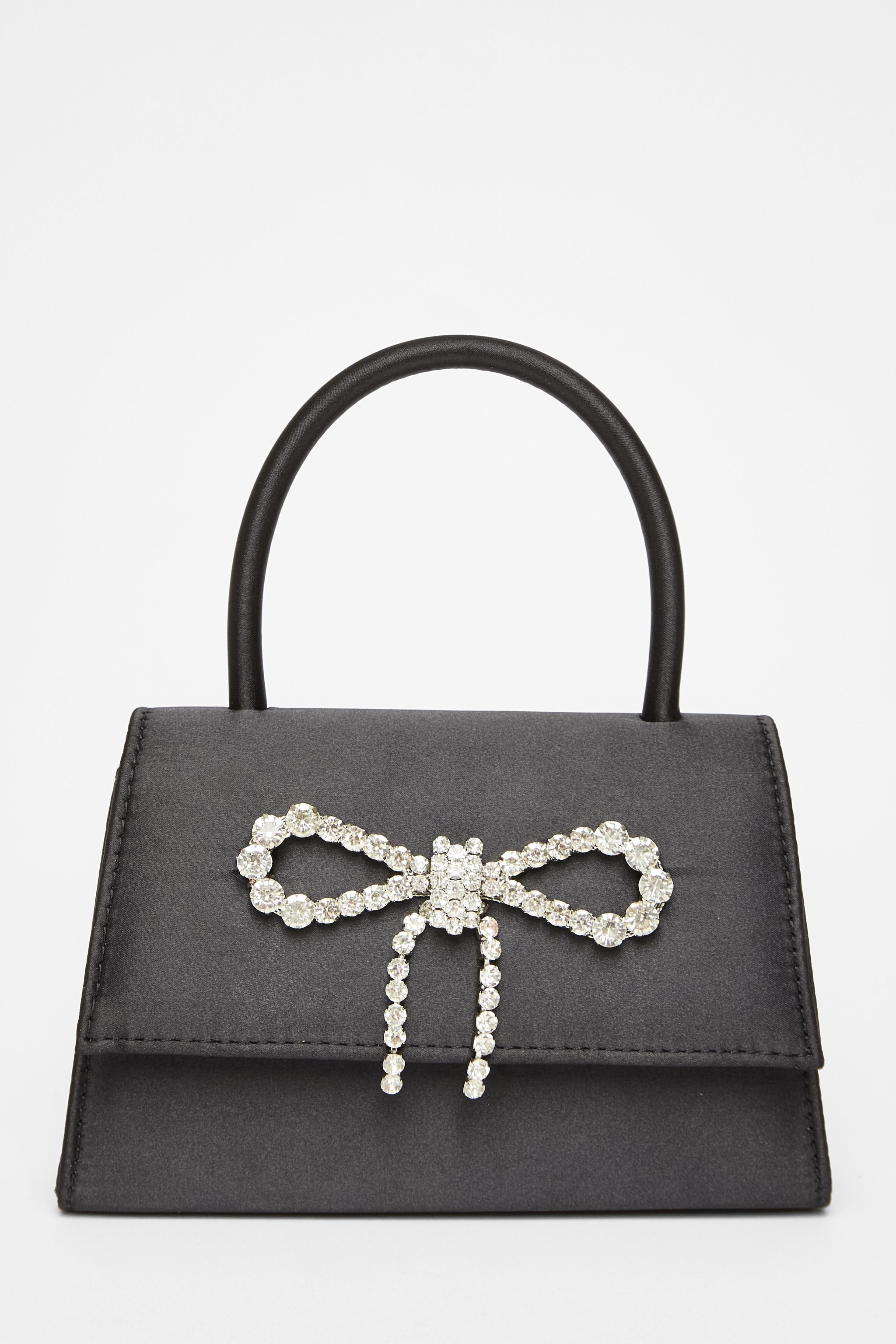 Quiz Black Diamante Bow Top Handle Bag image 3