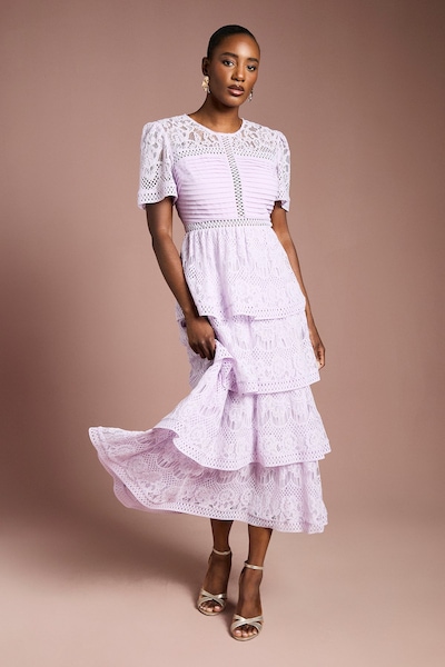 Coast Tiered Lace Midi Dress Lilac
