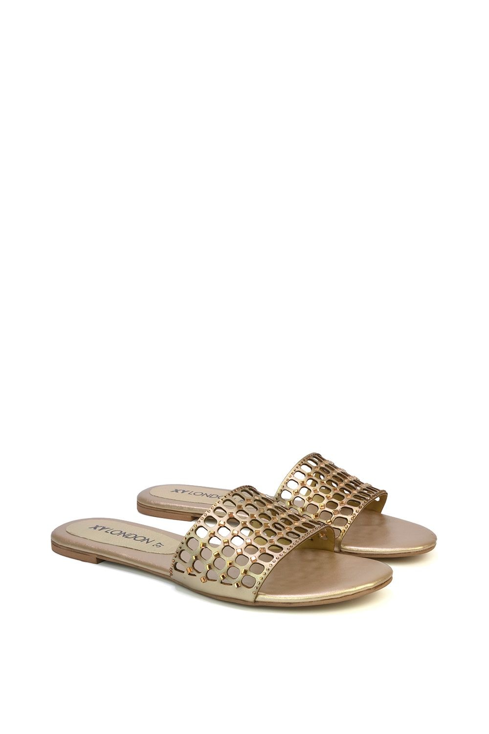 XY London 'Abbie' Mesh Strappy Diamante Slip On Flat Sandals Sliders image 3