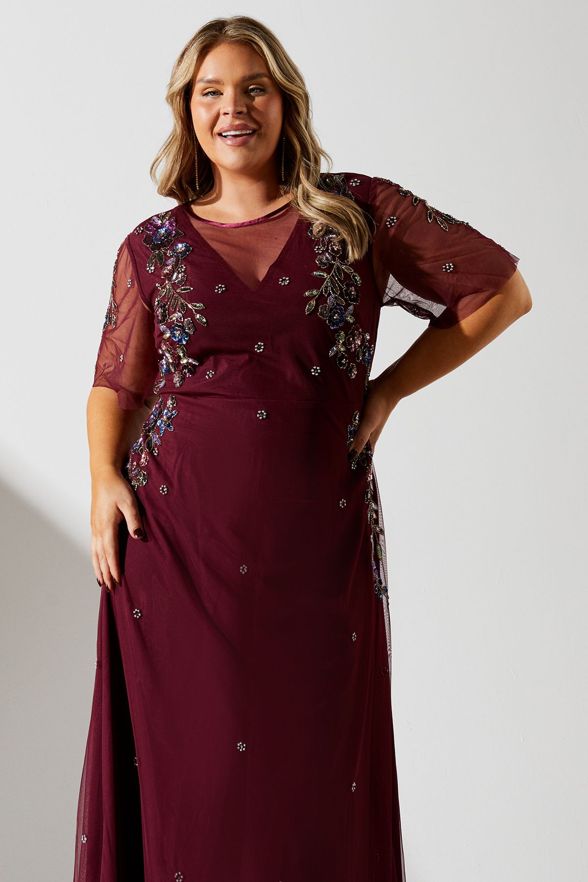 Coast Plus Size Angel Sleeve Embellished Midaxi Dress Plum image 2