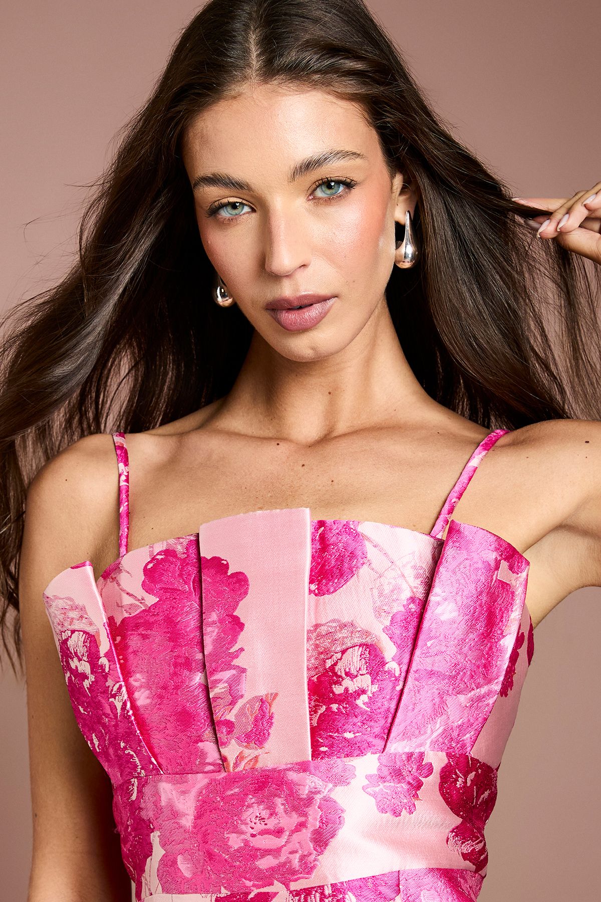 Coast Pleated Bodice Jacquard Pencil Dress Pink image 4