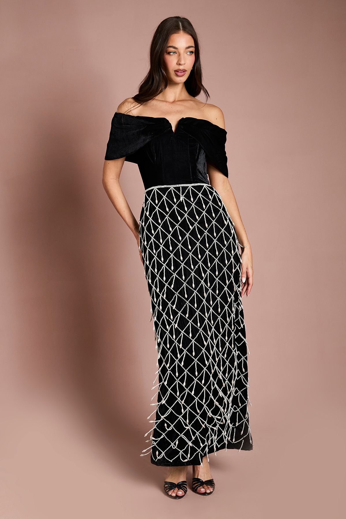 Coast Atelier Velvet Corset Pearl Embellished Maxi Dress Black