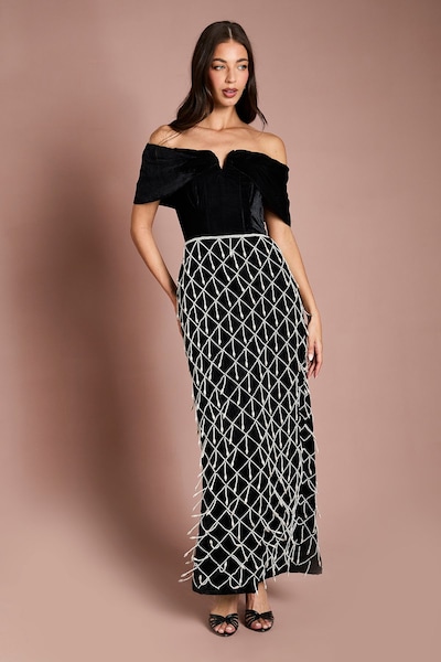 Coast Atelier Velvet Corset Pearl Embellished Maxi Dress Black