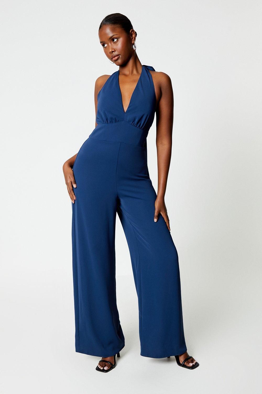 Coast Plunge Neck Halter Jumpsuit Navy