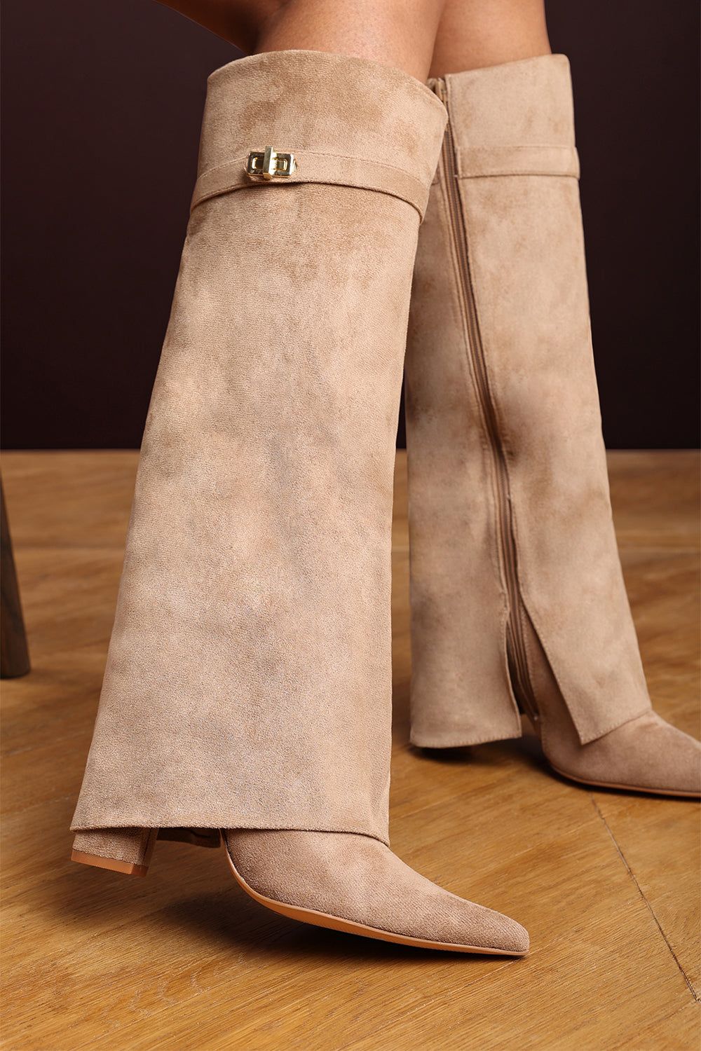 Where's That From 'Nova' Fold Over Shark Block Heel Point Toe Boots Suede image 2