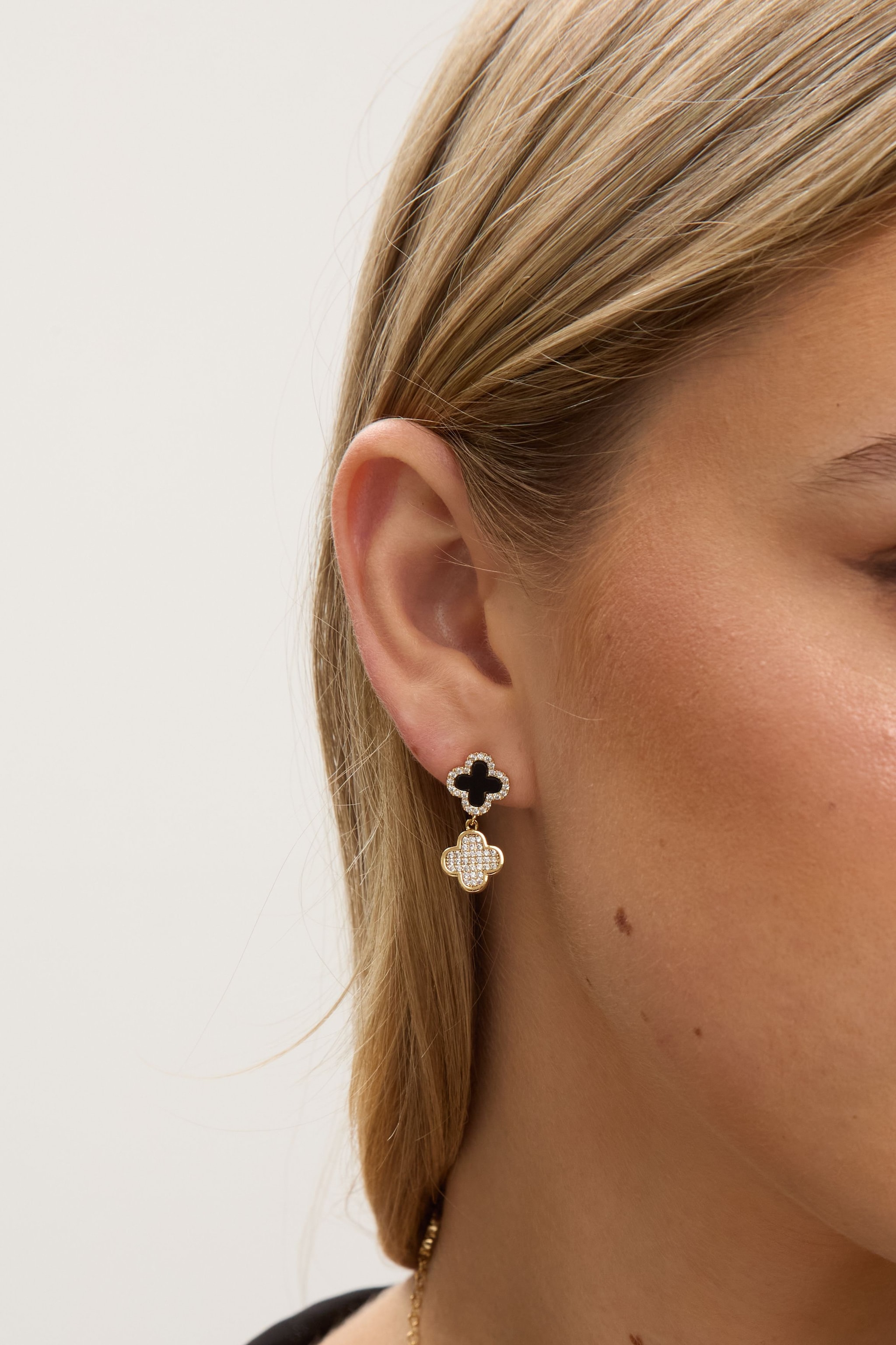 Jon Richard Gold Plated Pave and Jet Enamel Clover Earrings image 2