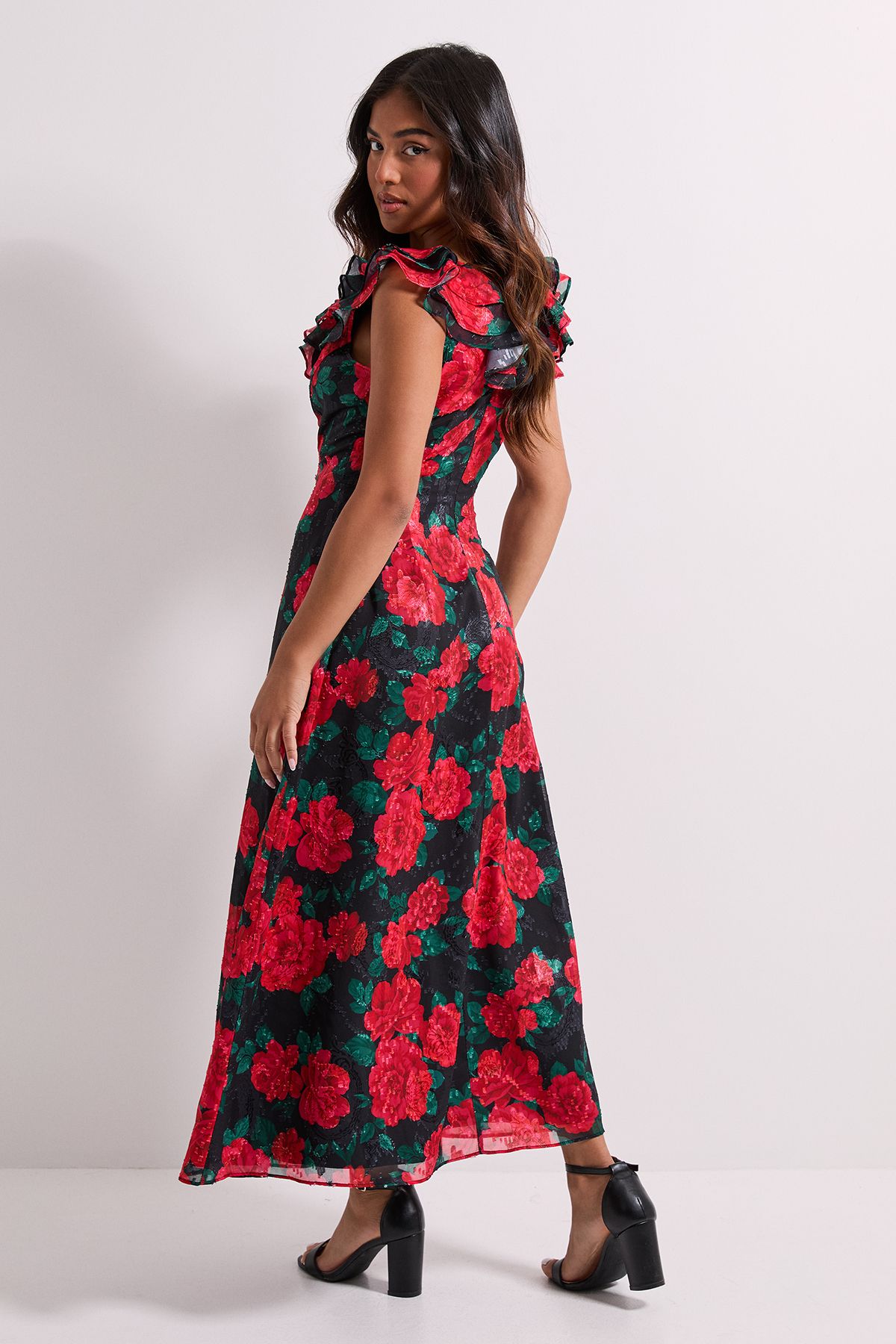 Dorothy Perkins Petite DP Luxe Black Floral Printed Jacquard Chiffon Ruffle Front Sleeveless Midi Dress Black image 3