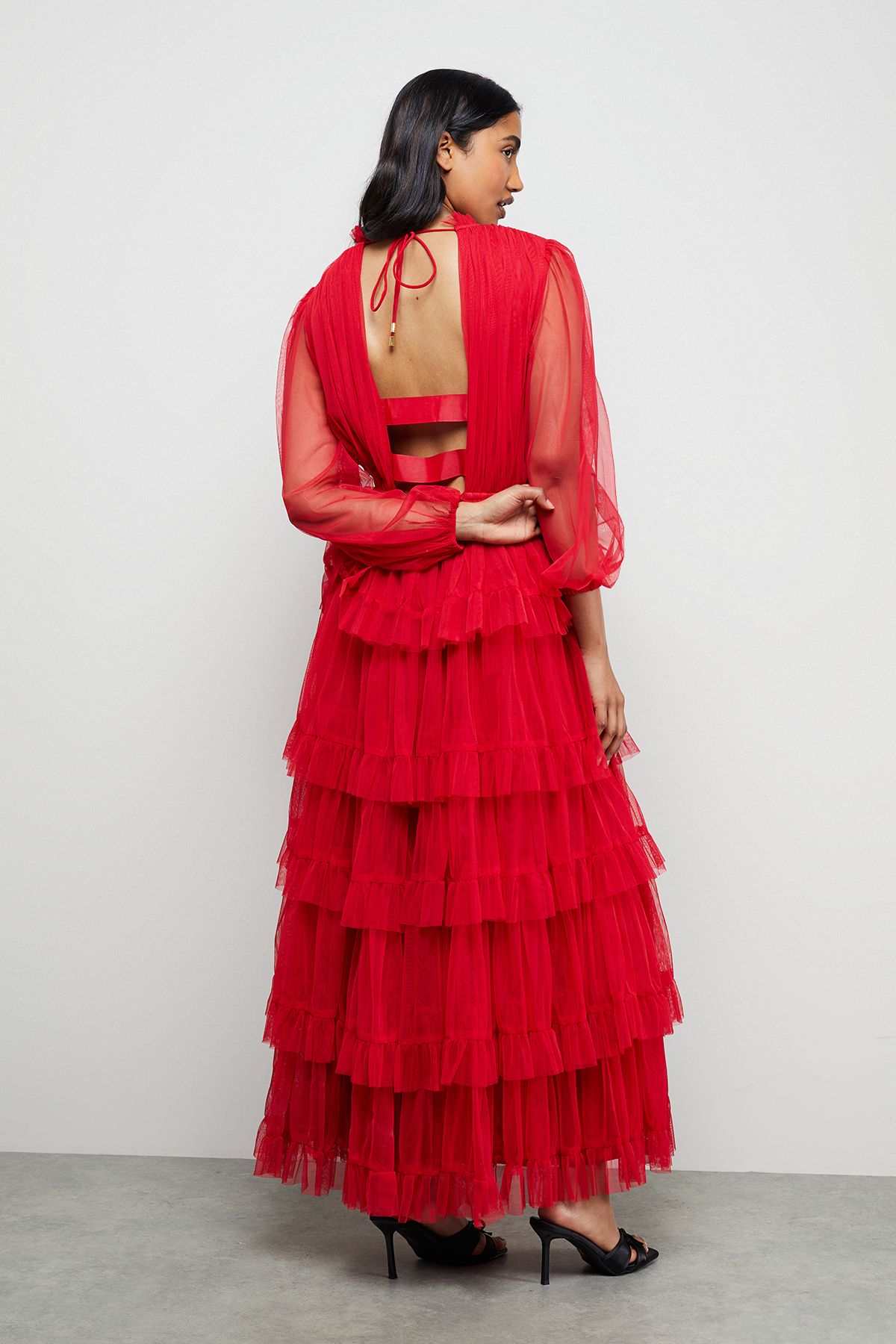 Warehouse Ruffle Neck Tulle Maxi Dress Red image 3