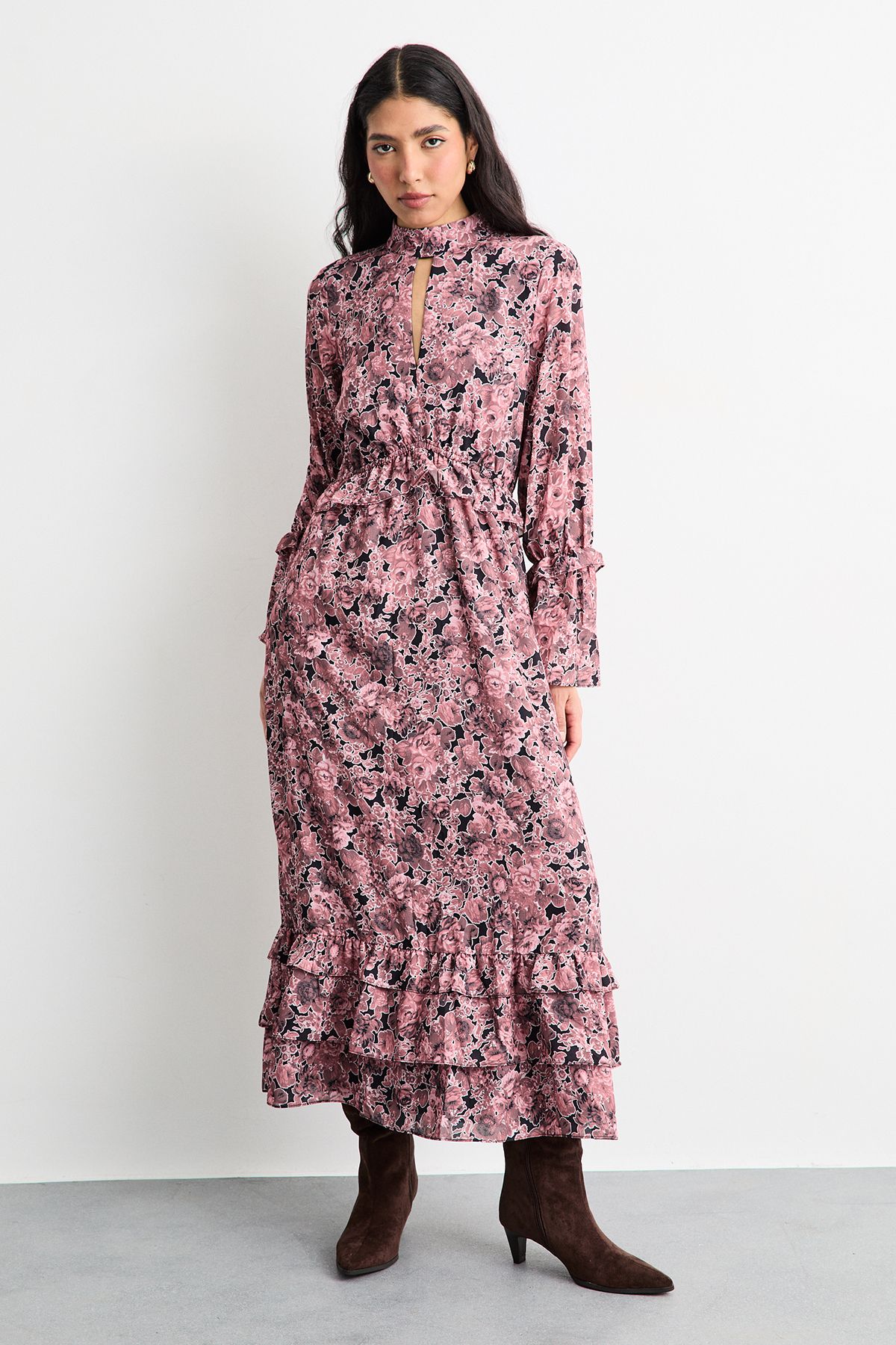 Warehouse Chiffon Shirred Frill Detail High Neck Midi Dress Chocolate image 4