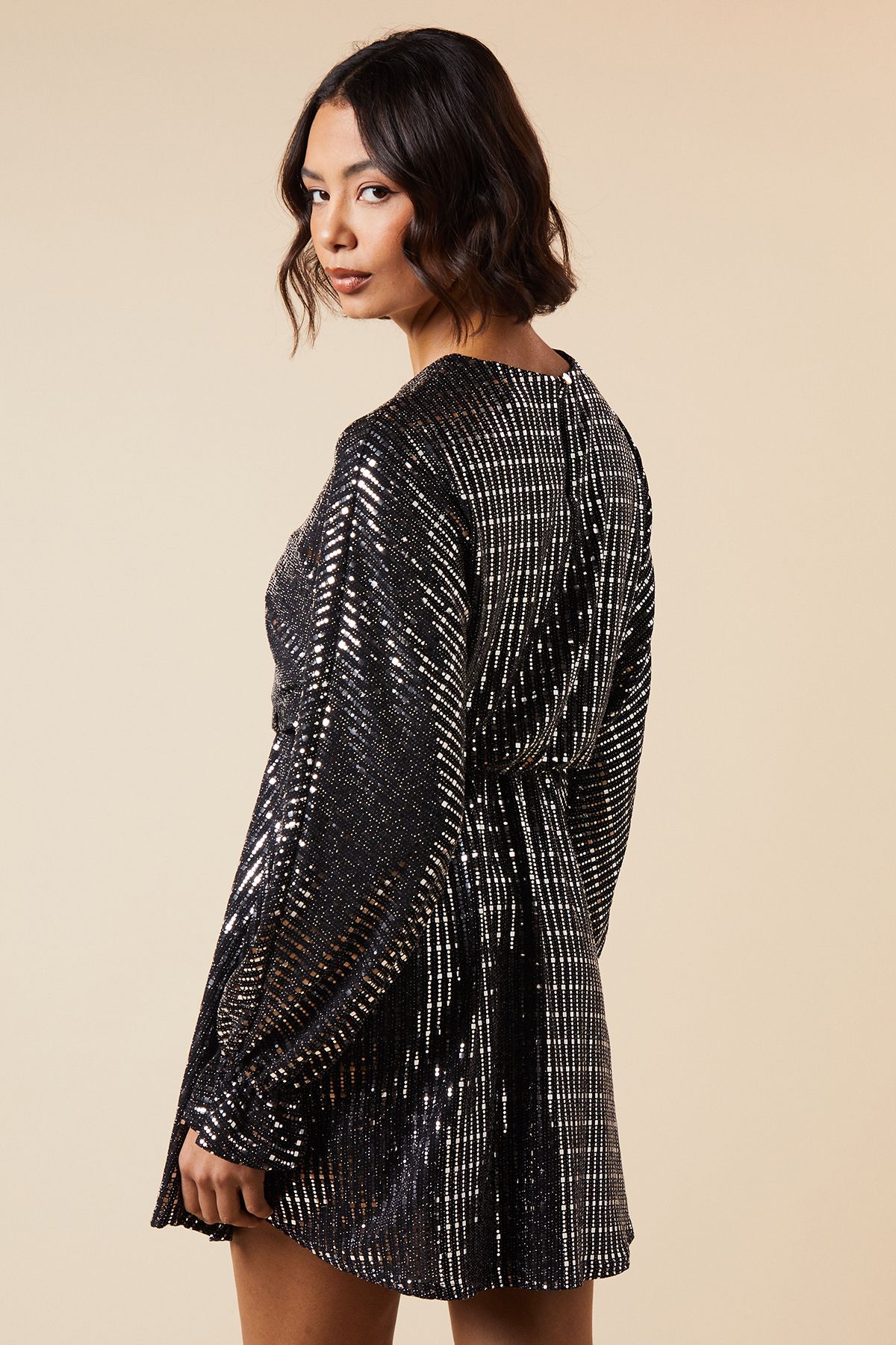 Dorothy Perkins Metallic Long Sleeve Jersey Mini Dress Black image 3