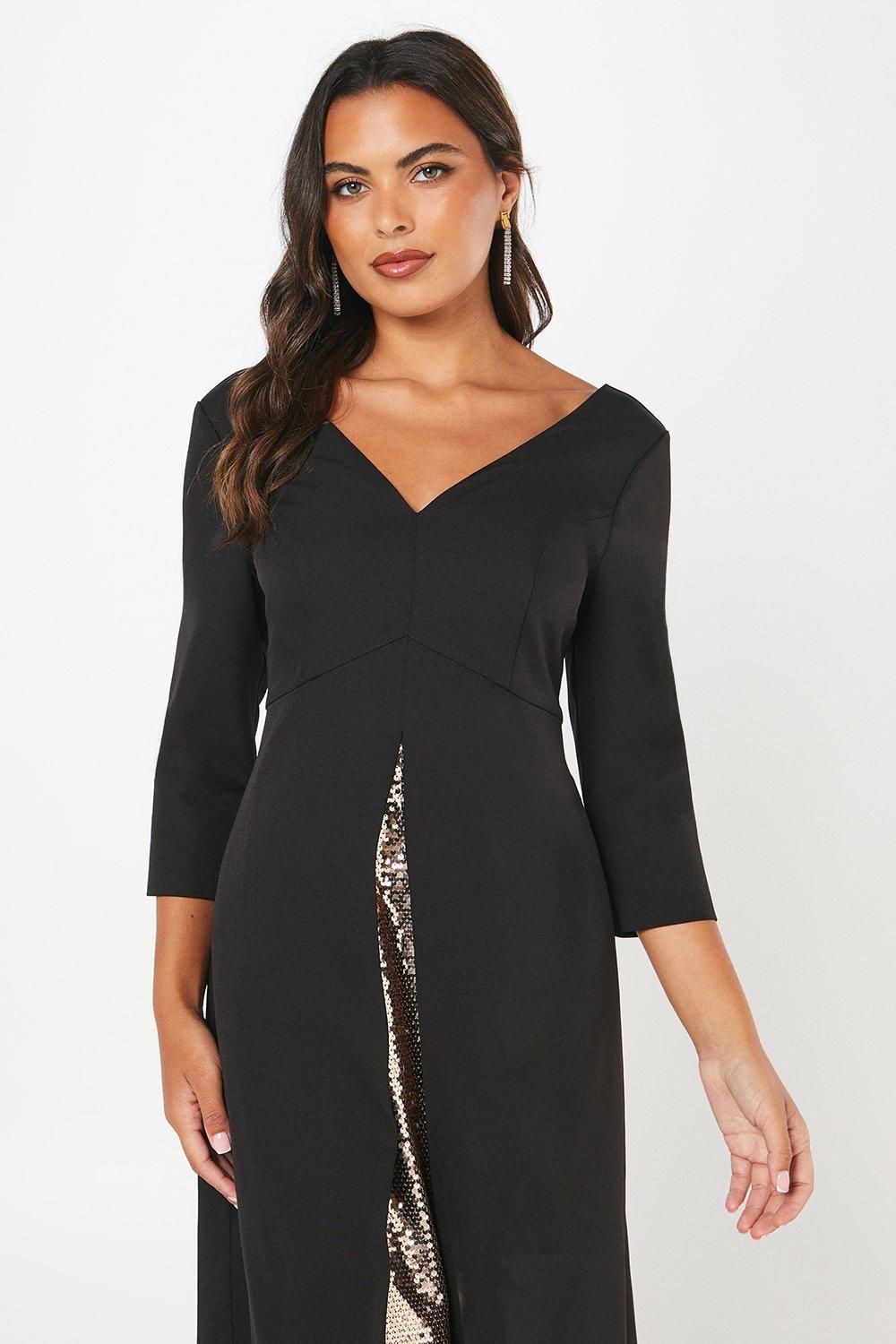 Coast Party Sequin Insert Midi Dress With 3/4 Sleeves Black image 4