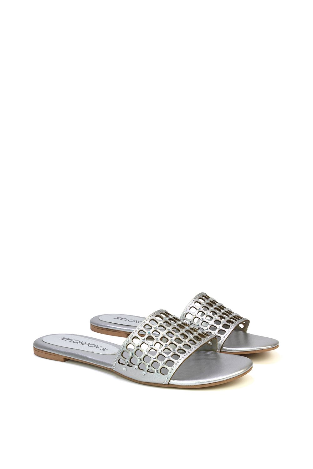 XY London 'Abbie' Mesh Strappy Diamante Slip On Flat Sandals Sliders image 3