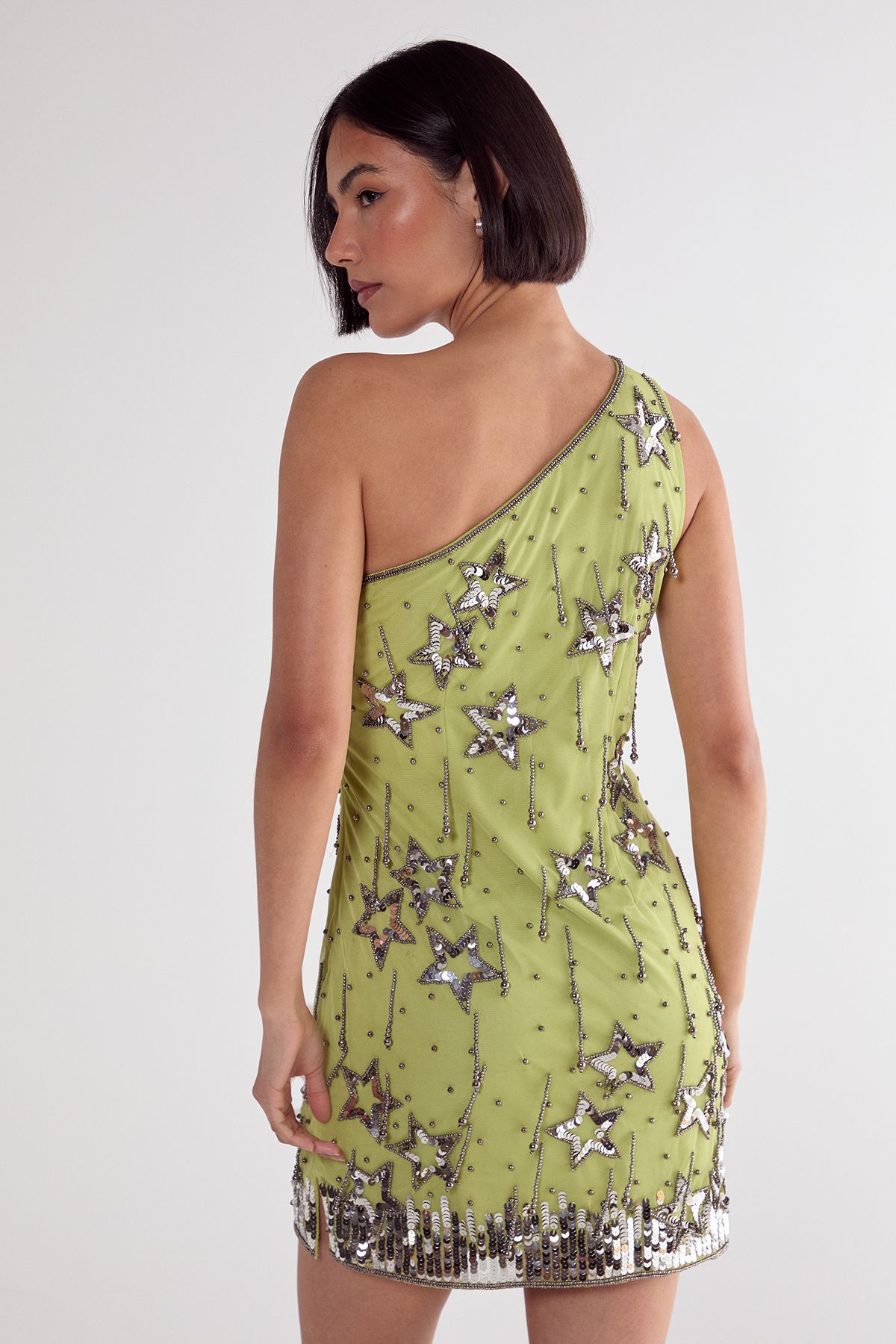 NastyGal Star Sequin Tassel One Shoulder Mini Dress Lime image 4