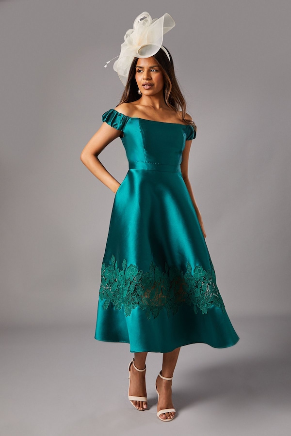 Coast Petite Bardot Twill Midi Dress With Lace Trim Emerald