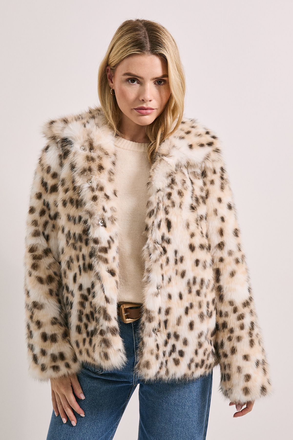 Dorothy Perkins Deer Animal Print Fur Coat Ivory image 1