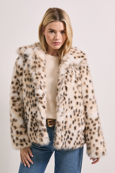 Dorothy Perkins Deer Animal Print Fur Coat Ivory