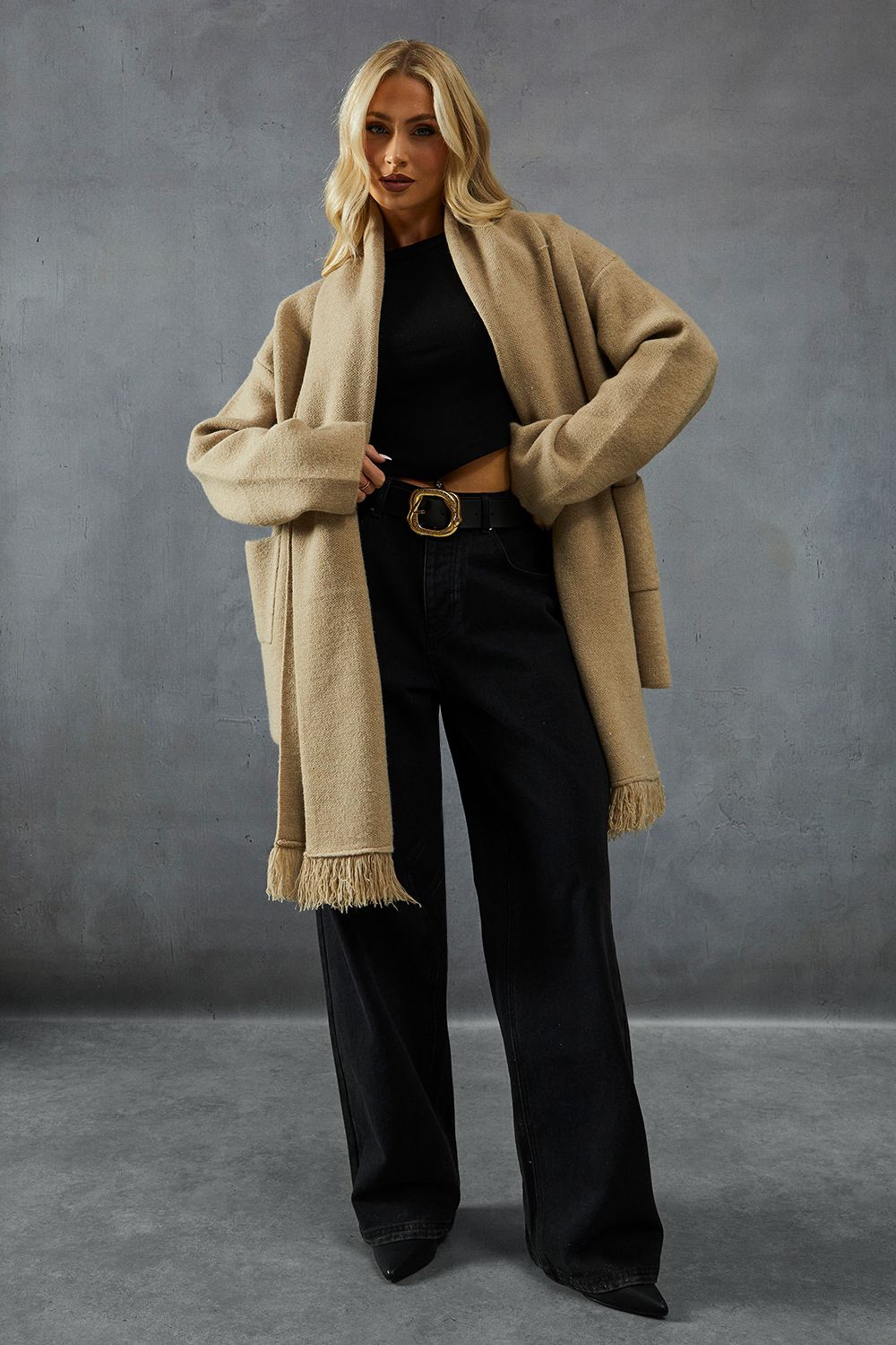 MissPap Premium Knitted Scarf Detail Longline Cardigan Taupe image 4