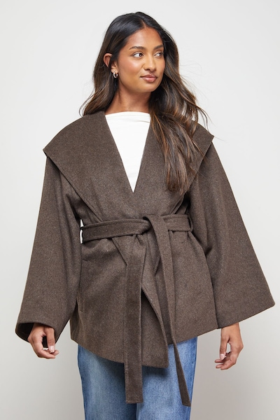 Oasis Hooded Cropped Belted Coat Chocolate