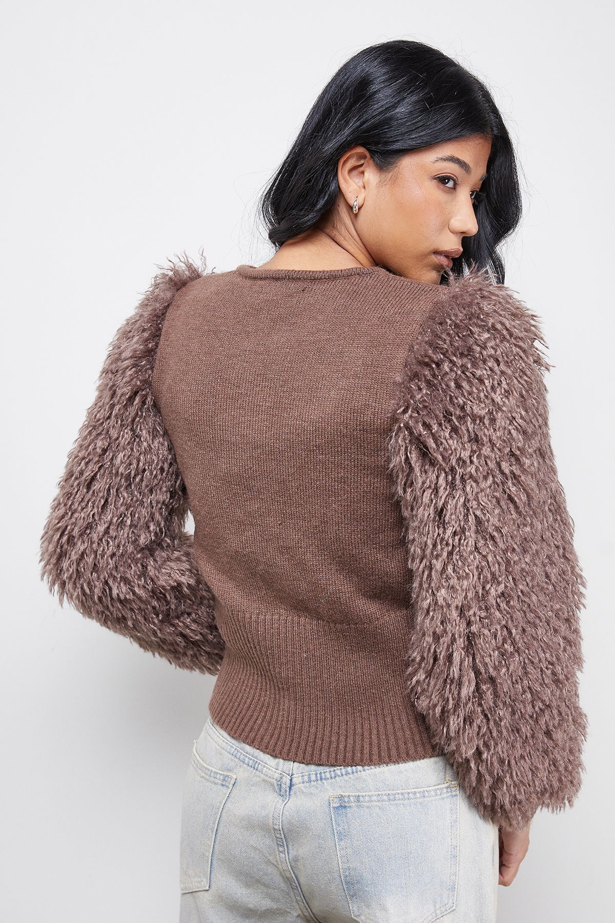 Warehouse Zip Up Fluffy Sleeve Cardigan Khaki image 3