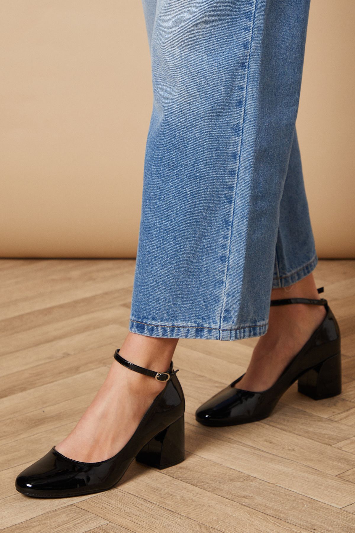 Oasis Venisha Medium Block Heel Ankle Strap Court Shoes True Black image 1