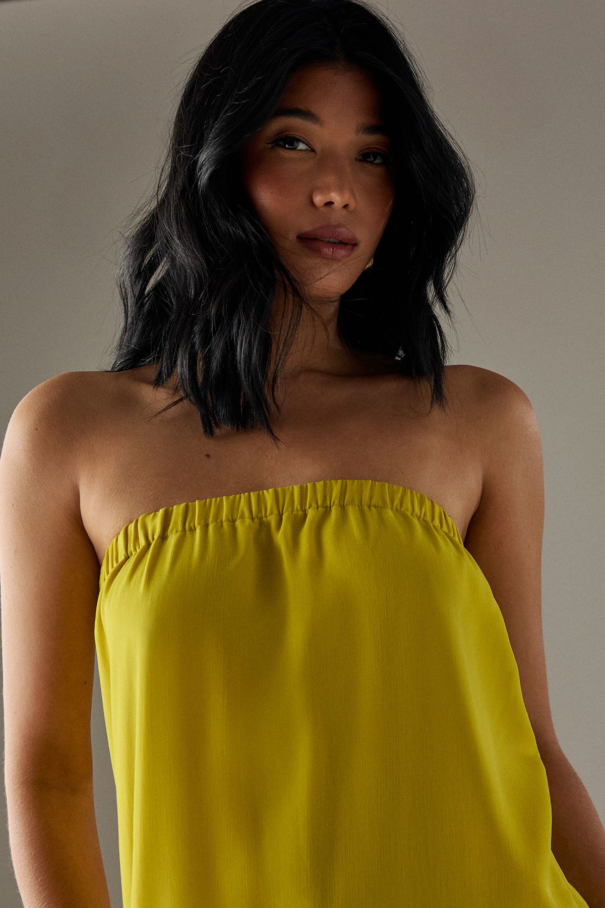 Warehouse Yoryu Chiffon Elasticated Back Bandeau Maxi Dress Chartreuse image 5