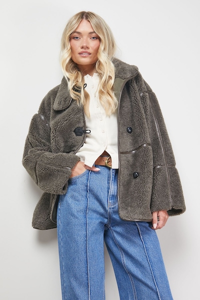 Oasis Funnel Neck Shearling Coat Grey
