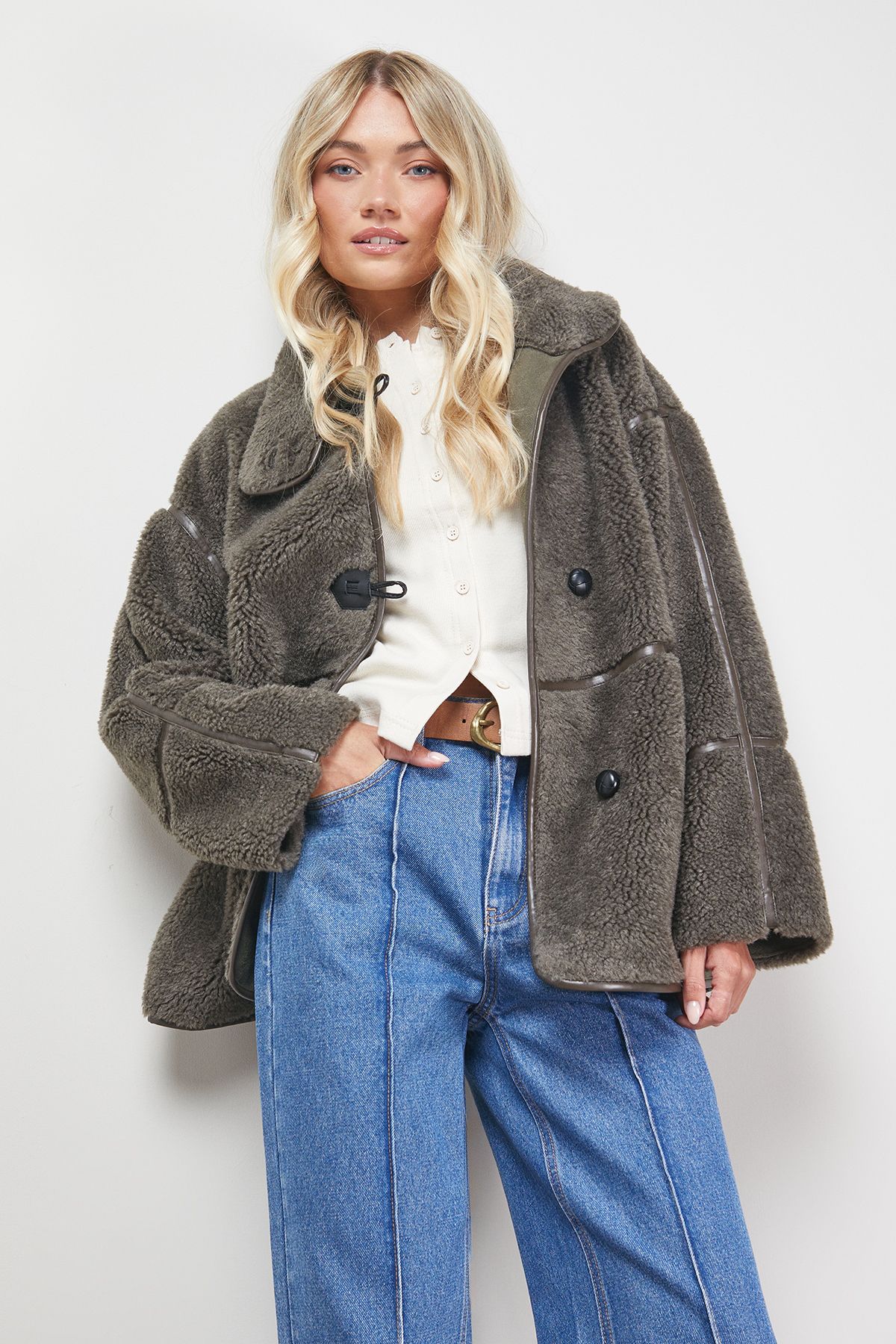 Oasis Funnel Neck Shearling Coat Grey