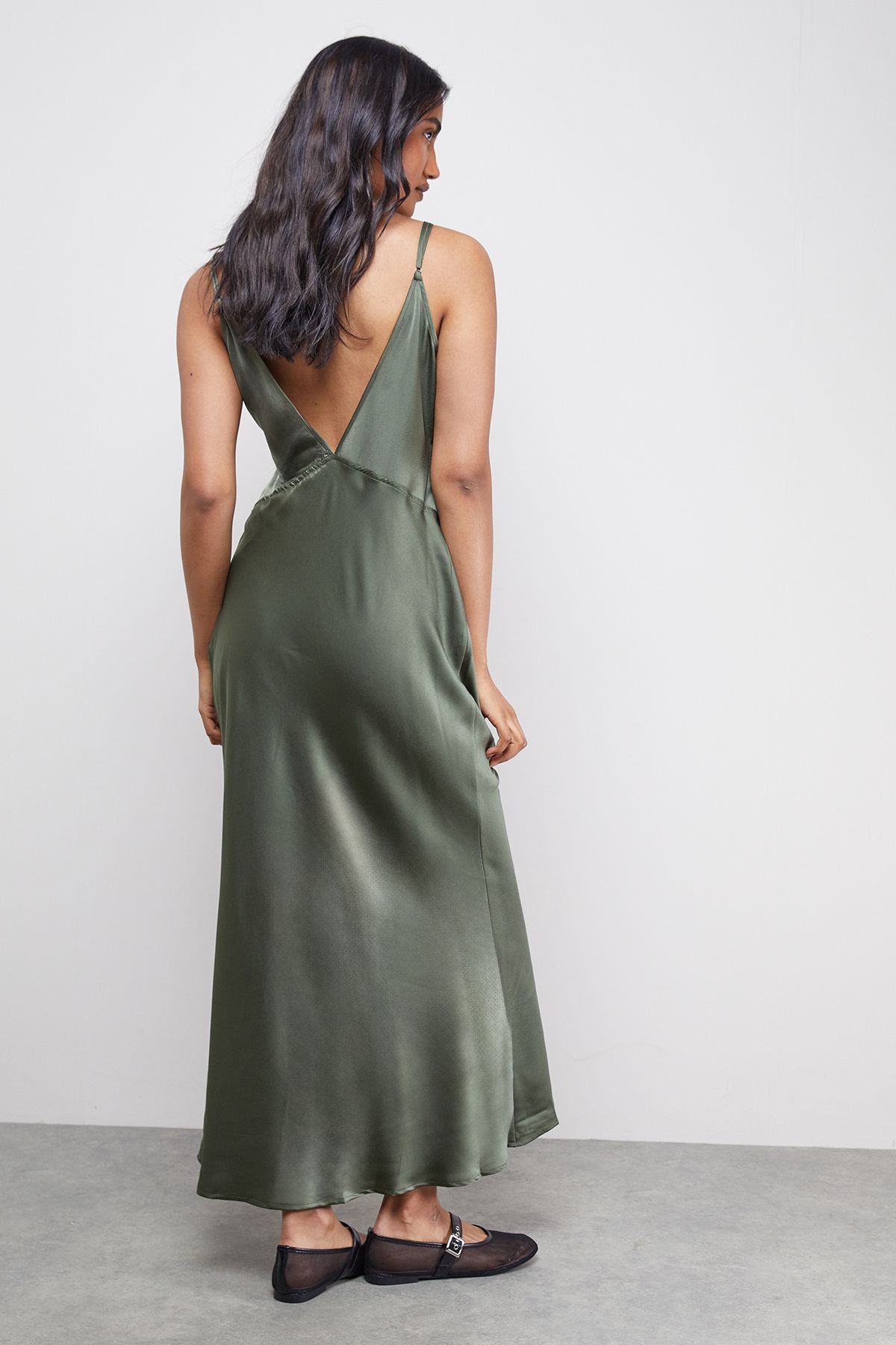 Warehouse Satin Strappy Tie Front Maxi Slip Dress Dark Olive image 3