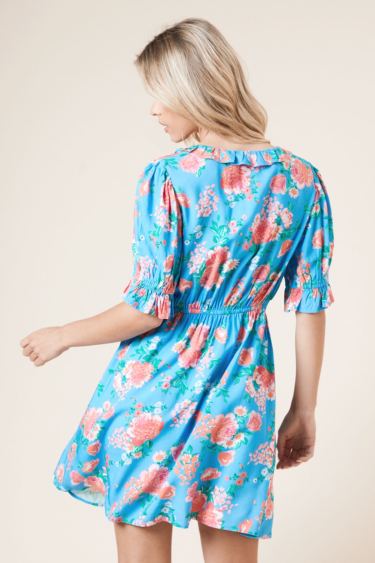 Dorothy Perkins Petite Floral Frill Neckline Tie Back Mini Dress Blue image 3