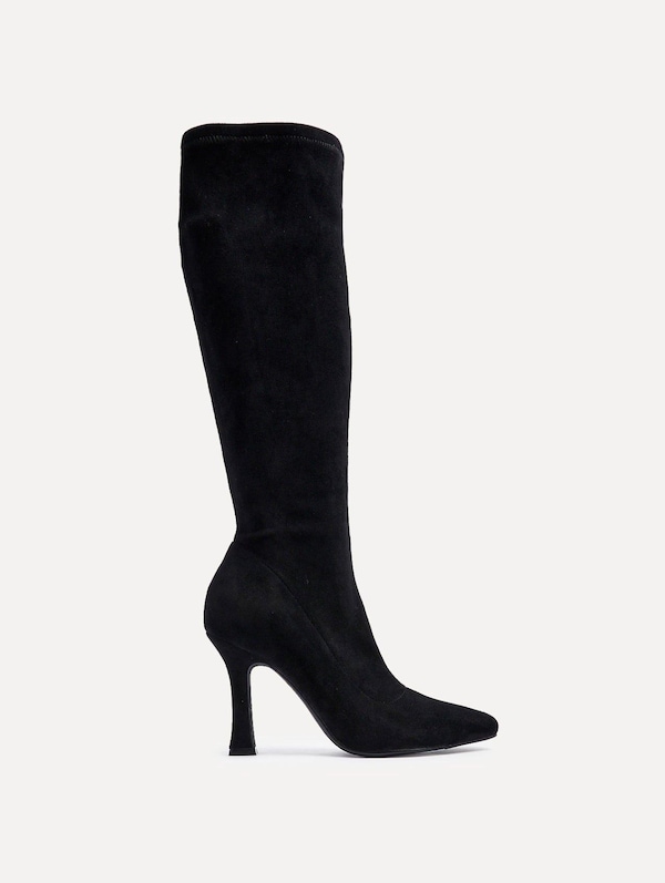 Linzi Gabrielle Black Suede Square Toe Knee High Heeled Boot