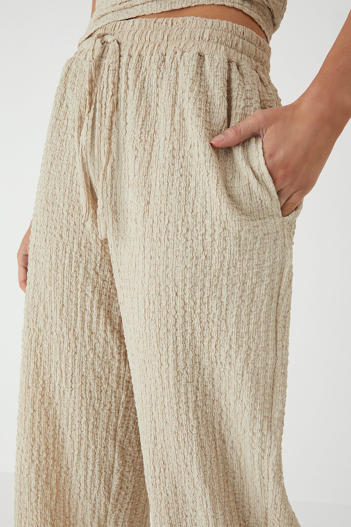 MissPap Crinkle Textured Wide Leg Trousers Stone image 4