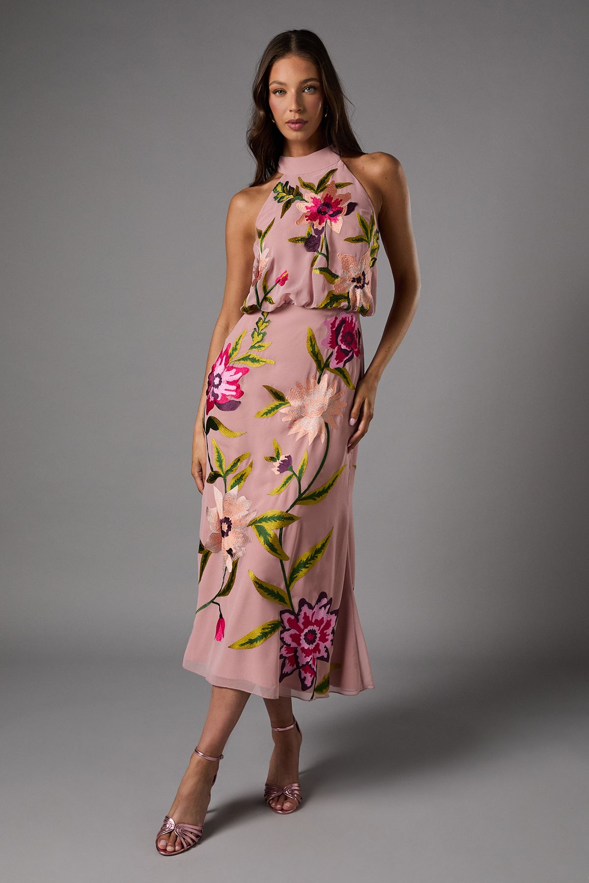 Coast High Neck Midi Dress With Floral Embroidery Blush image 1