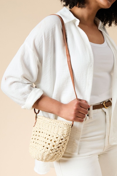 Oasis Sara Rattan Detail Bucket Bag Beige