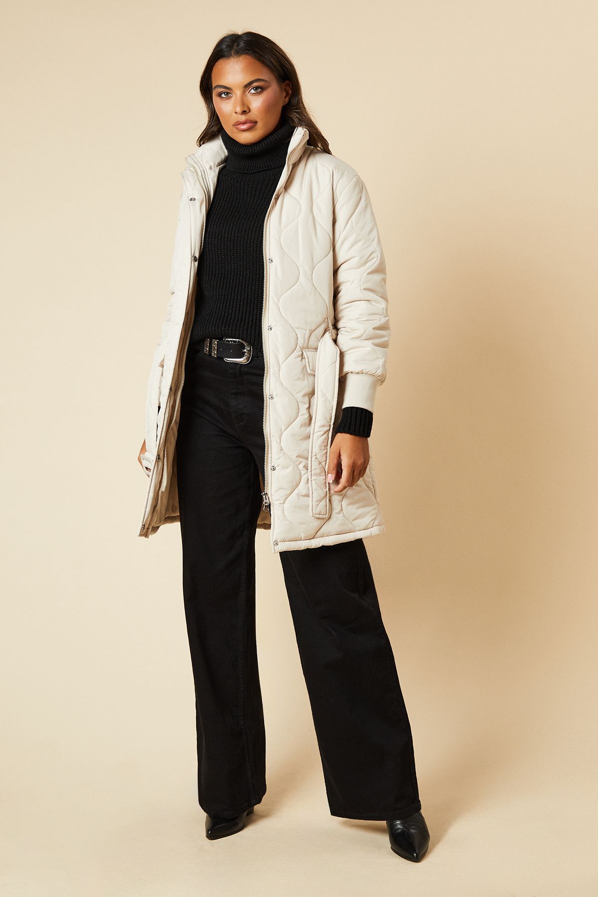 Dorothy Perkins Self Covered Button Quilted Padded Puffer Midi Coat Stone image 2