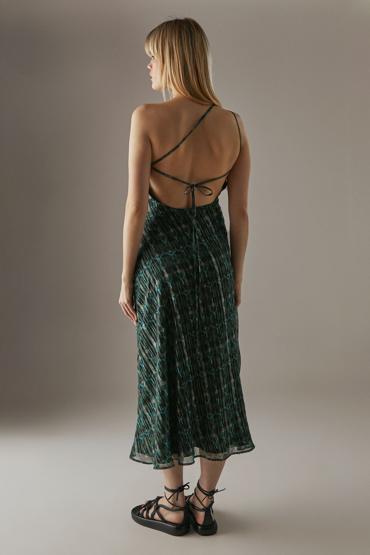 Warehouse Metallic Chiffon One Shoulder Bias Midi Dress Green image 3