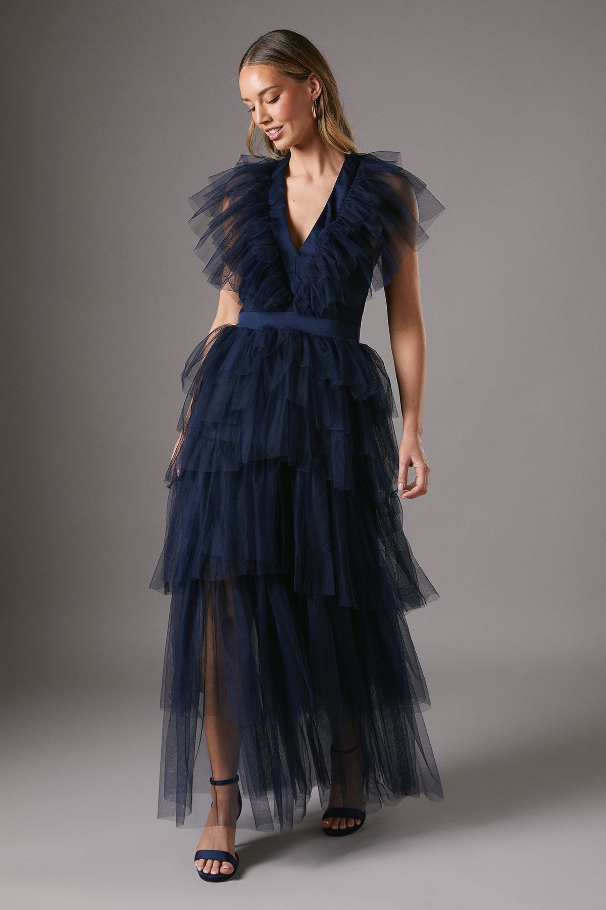 Coast Mesh Halter Tiered Skirt Maxi Dress Brown image 1